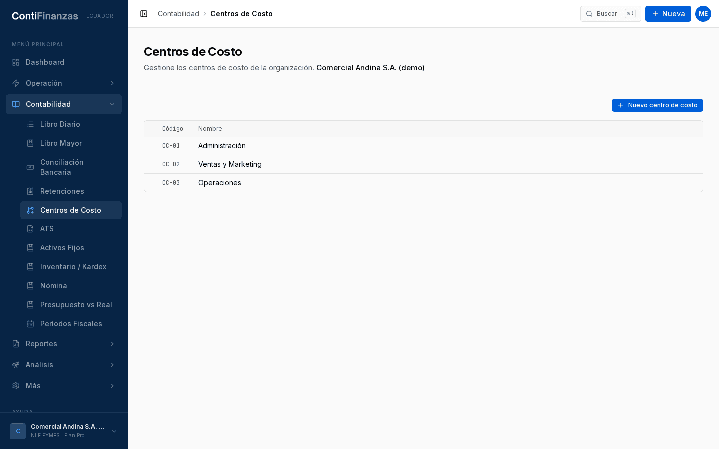Imagen: centro de costo en cada línea de asiento