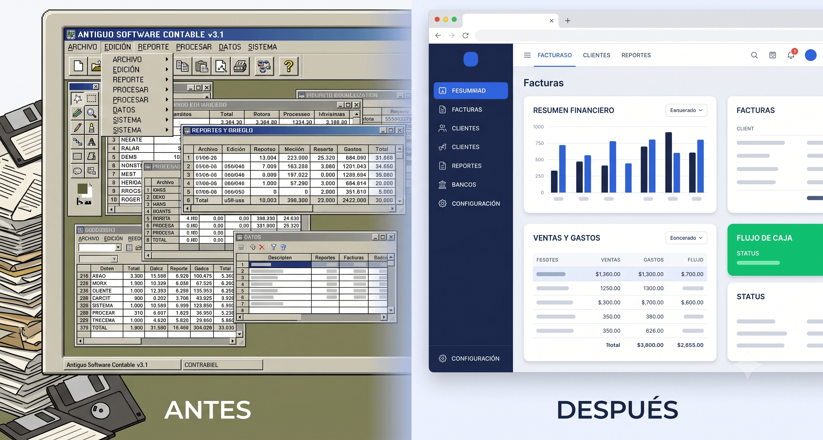 Software contable antiguo (antes) frente a ContiFinanzas moderno (después)