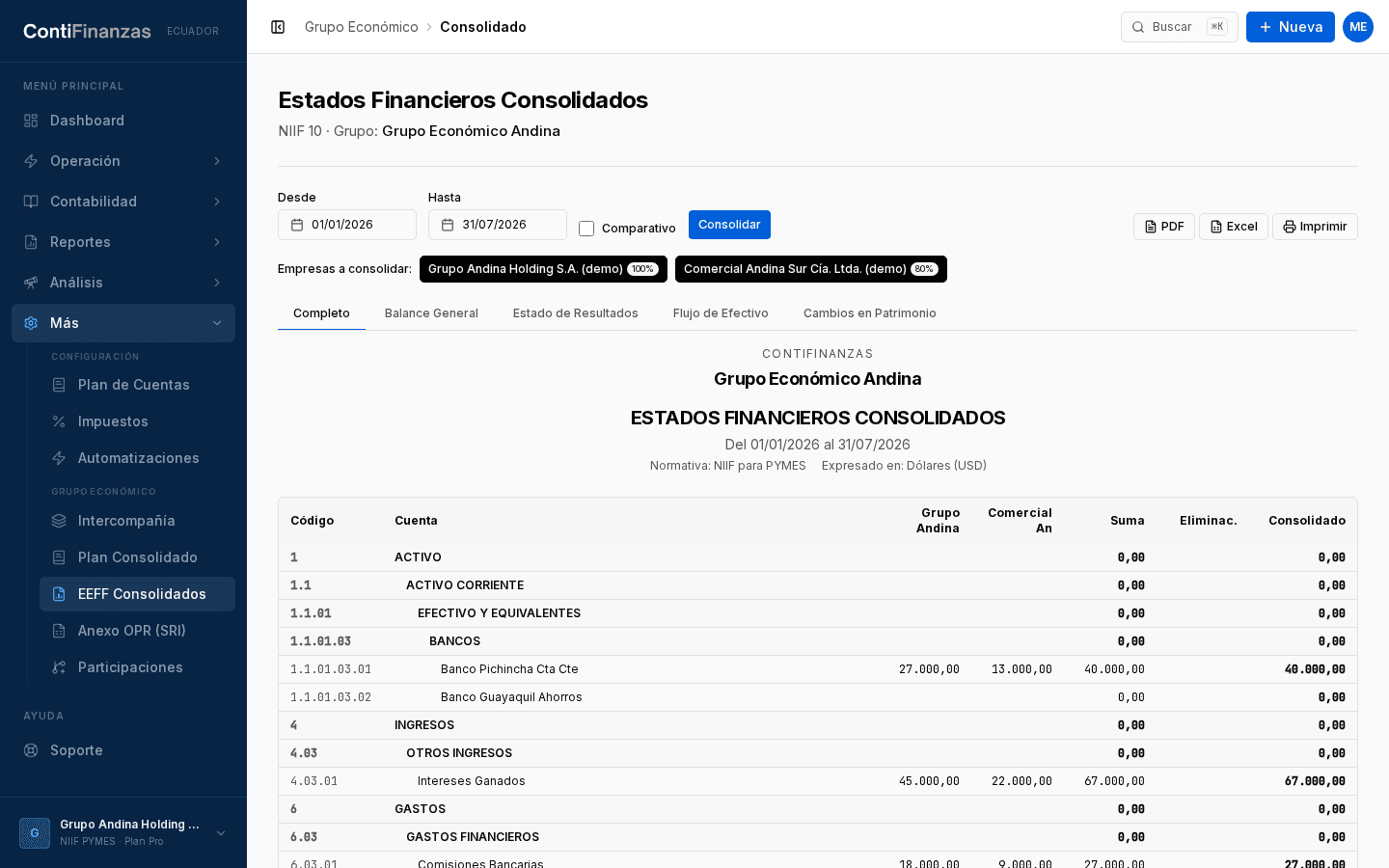 Imagen: eliminaciones intercompañía e interés minoritario